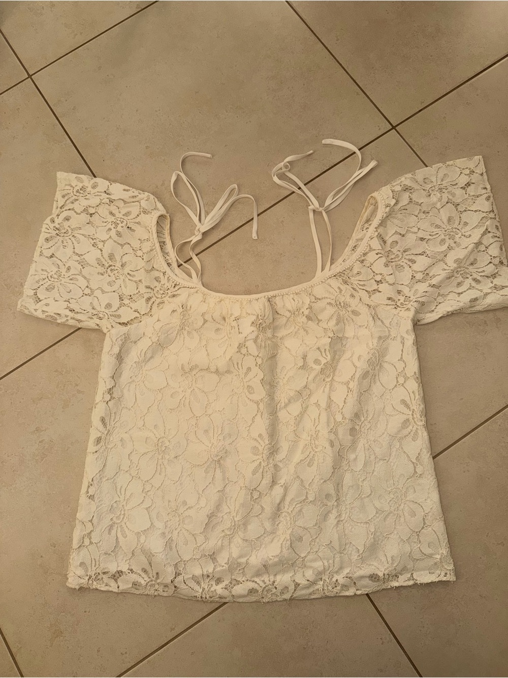 Parker Cream Floral Lace Off-Shoulder Tie-Strap Top